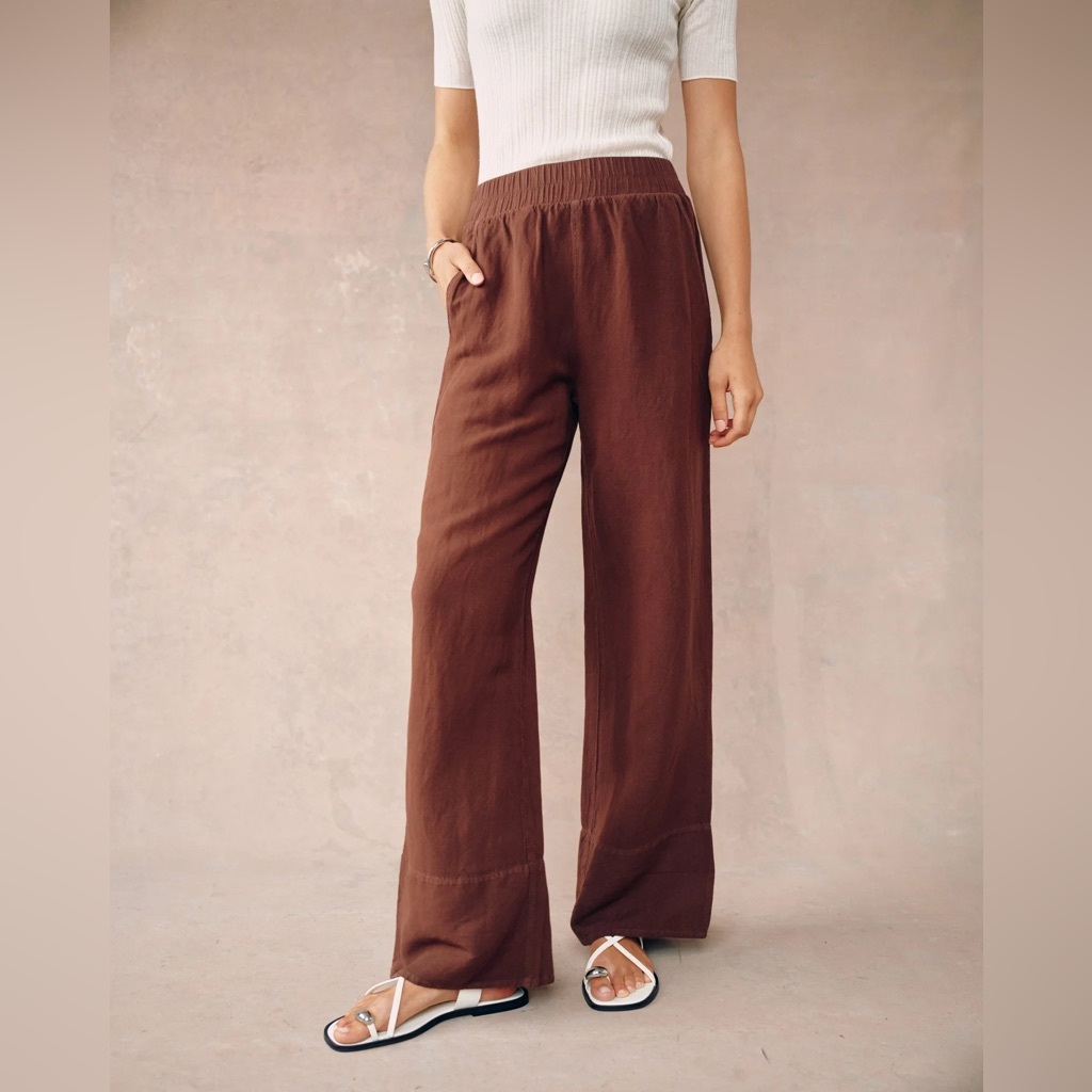 Bella Dahl Wide Leg Pant Henna Linen Blend Brown Size M